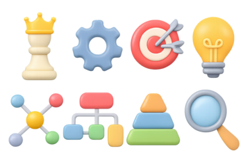 Colorful 3d business icons set with chess, gear, target, and light bulb