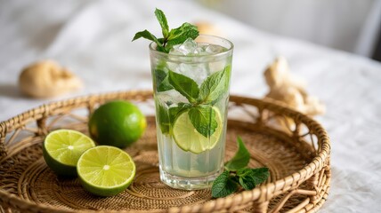 Fototapeta premium Classic Mojito Cocktail Fresh Lime and Mint Drink with Ice Cubes Served on a Wicker Tray Perfect Summer Refreshment Bar Beverage
