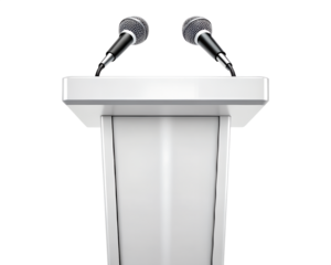 Presentation podium crafted with wood and metal frame, isolated on white background.