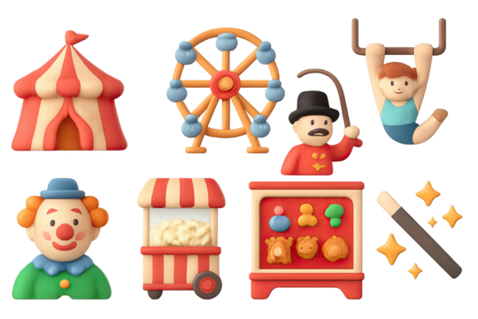 Playful circus icons with clowns, ferris wheel, and magician in soft 3d