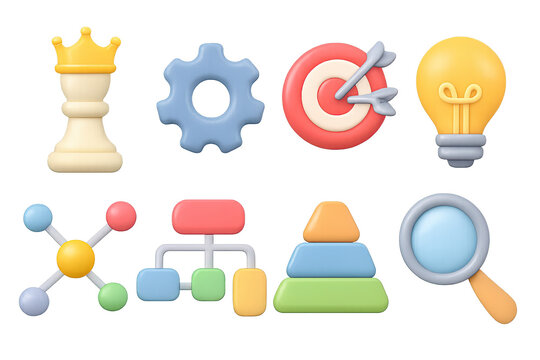 Colorful 3d business icons set with chess, gear, target, and light bulb
