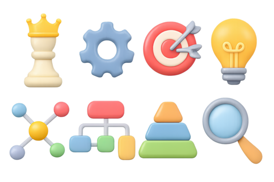 Colorful 3d business icons set with chess, gear, target, and light bulb