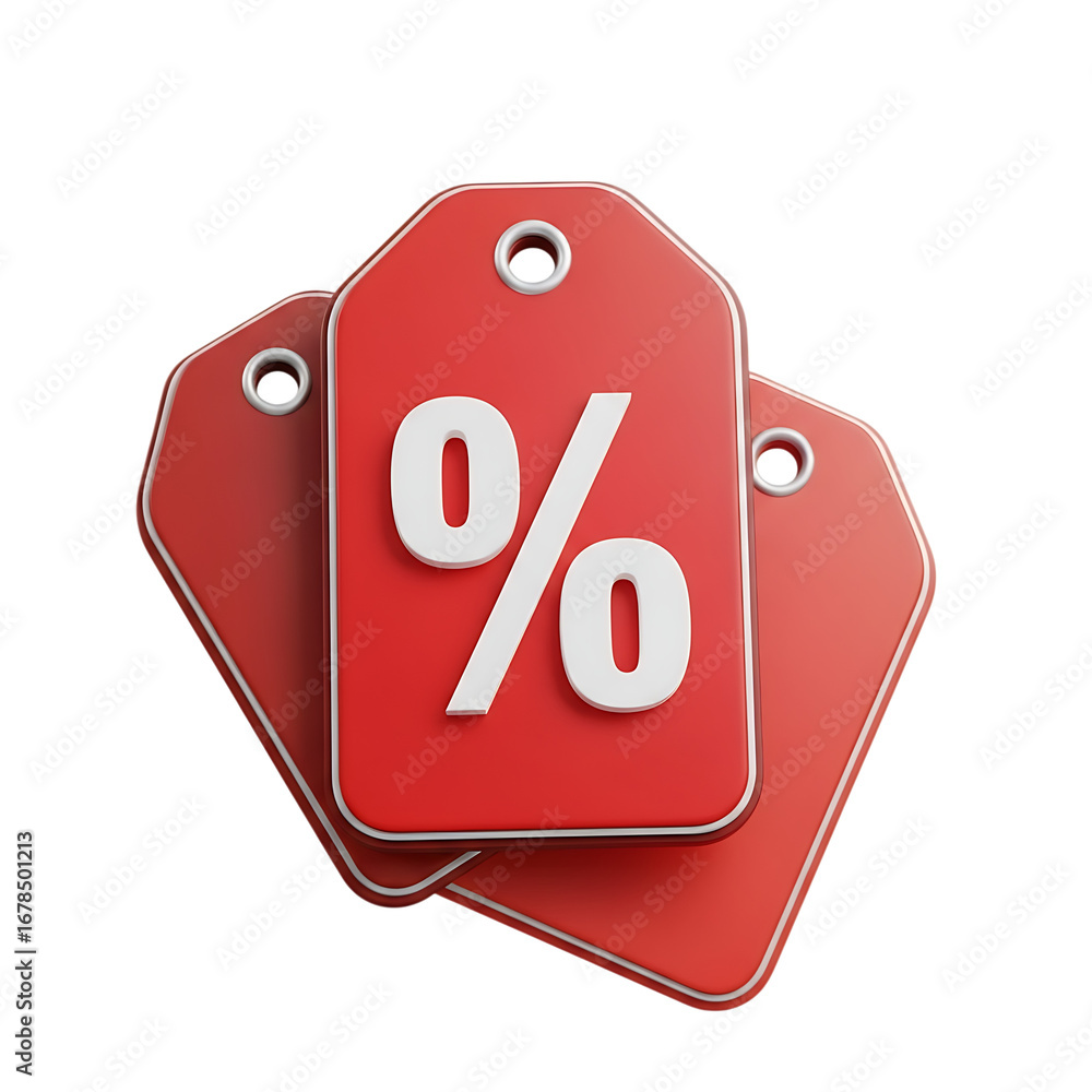 Fototapete 3d icon of 3d rendering of a stack of red price tags with a white percentage symbol, isolated on tra