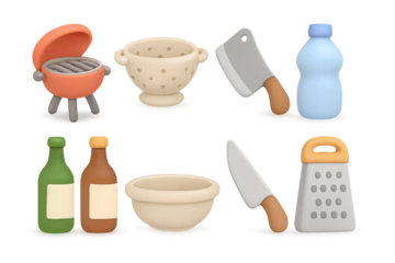 3d render of kitchen essentials: knife, grater, grill, bottle, and more