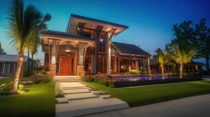 Obraz premium A modern residential home with contemporary architecture illuminated during twilight, featuring large glass windows,