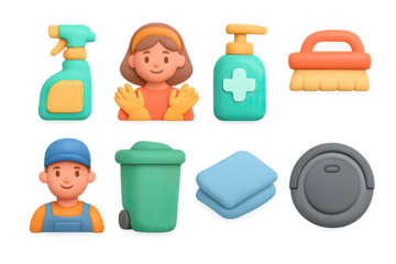 3d cleaning icon set with people and tools in pastel colors