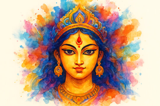 A vibrant and colorful watercolor painting of goddess durga's face with a crown and traditional jewelry against a bright, abstract, splash background