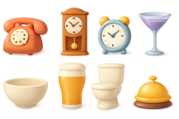 Retro objects set with soft colors and 3d style featuring clocks, telephone,…