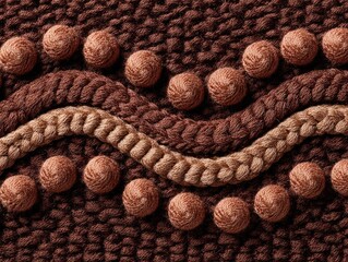 Textured brown fabric with wavy, braided design and embroidered dots