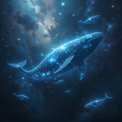 Fototapeta premium Whales swim through a starfilled galaxy, a cosmic ballet of marine life