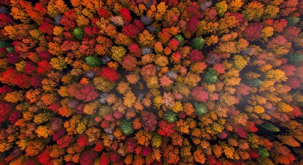 Vibrant autumn forest canopy from above with diverse tree species showcasing fall colors in a natural setting