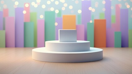 Three-tiered white pedestal display against a backdrop of pastel-colored vertical shapes, creating a cheerful and minimalist aesthetic.