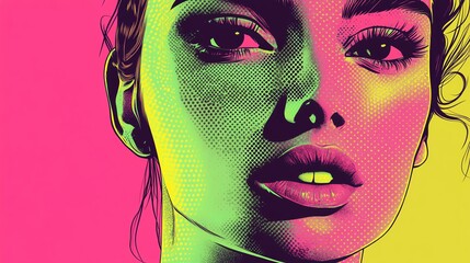 Pop art portrait in neon green and pink, bold comic shading, halftone glow