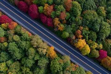 Straight asphalt road with yellow dividing lines crossing a colorful autumn forest, aerial view