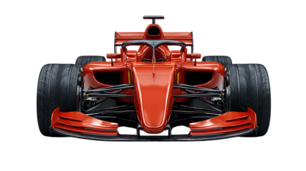 Front view of a sleek red formula 1 racing car isolated on transparent background