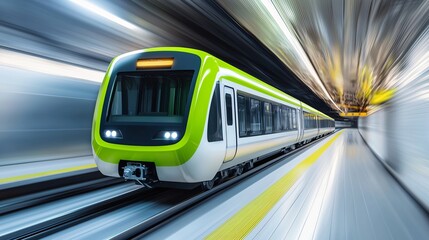 Fototapeta premium Passenger train running on green hydrogen fuel, futuristic railway system with renewable clean energy power