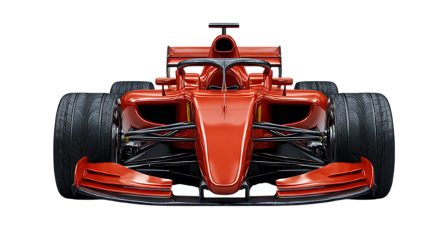 Front view of a sleek red formula 1 racing car isolated on transparent background
