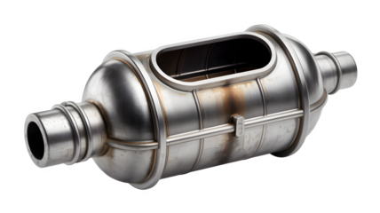 Shiny silver metal chamber unit with unique opening, engineering prototype, automotive part design concept, mechanics