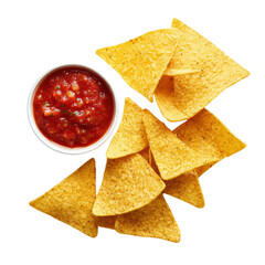 Chips with salsa close on transparent background