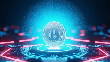 Glowing bitcoin cryptocurrency symbol digital technology platform - Powered by Adobe