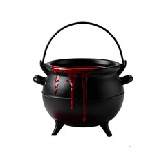 A black cauldron with red liquid dripping from it, set against a transparent background. Perfect for Halloween decorations and spooky design projects.