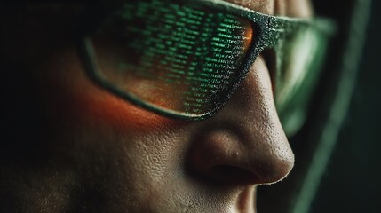 Vibrant green digital code reflects on futuristic smart glasses worn by a focused individual, representing advanced technology, cybersecurity, and the intricate world of data