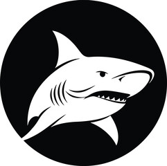 White shark illustration in a black circle