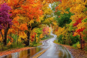 Autumnal, winding road through colorful trees in the rain