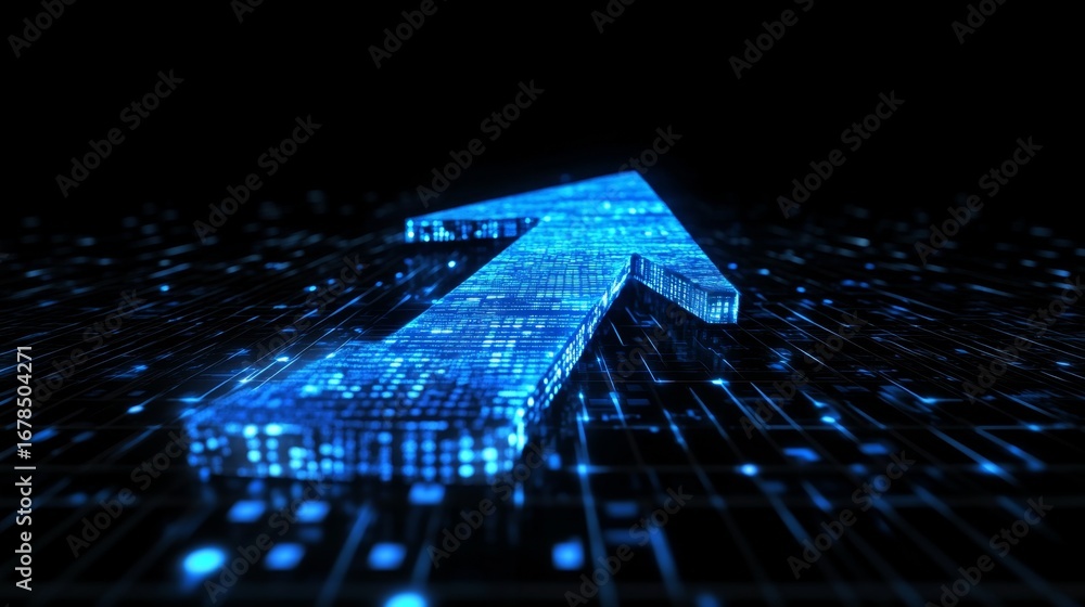 Poster accelerating digital transformation futuristic blue arrow with luminous streaks on a high-tech inter