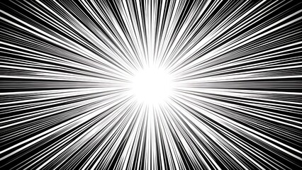 Black anime speed lines on white. Radial comic light speed lines. Velocity lines, flash action concept. High-speed, black and white speed lines. Manga anime background.