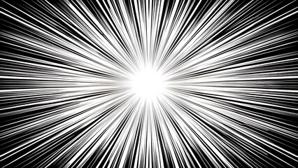 Black anime speed lines on white. Radial comic light speed lines. Velocity lines, flash action concept. High-speed, black and white speed lines. Manga anime background.