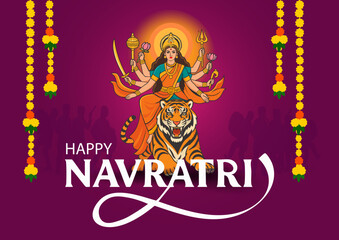 Happy Navratri Hindu Festival Goddess Durga Lion Purple Vector