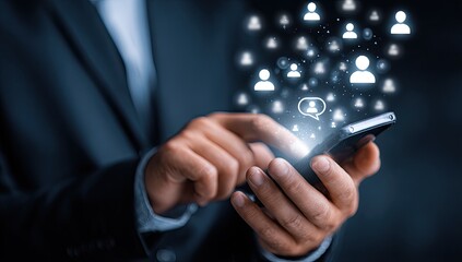 Businessperson using smartphone, social media icons appear around