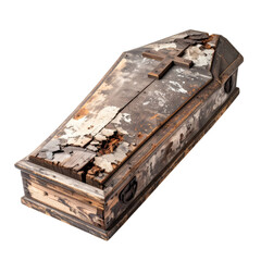 An old, weathered wooden coffin with a broken lid, featuring a rusted cross on a transparent background. Suitable for spooky Halloween themes and holiday crafts.