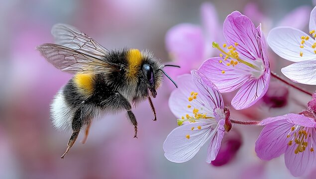Bumblebee hovering near pink flowers