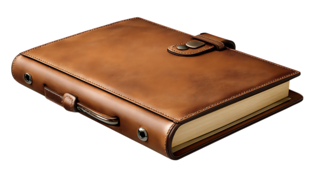 Antique leather bound journal book isolated on transparent background