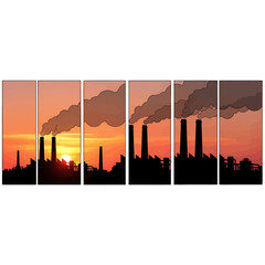 Obraz premium Industrial Factory Silhouettes with Plumes of Smoke Against a Vibrant Sunset Sky in an Environmental Landscape