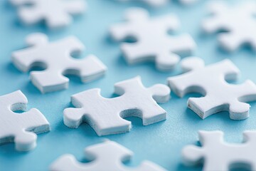 Close-up of many white puzzle pieces on a light blue surface