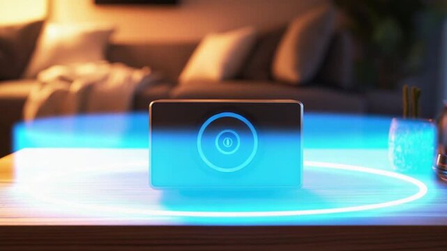 Futuristic Glowing Smart Device on Wooden Table &ndash; Holographic Display, Modern Home Interior, Cozy Room with Warm Lighting and High Tech Innovation