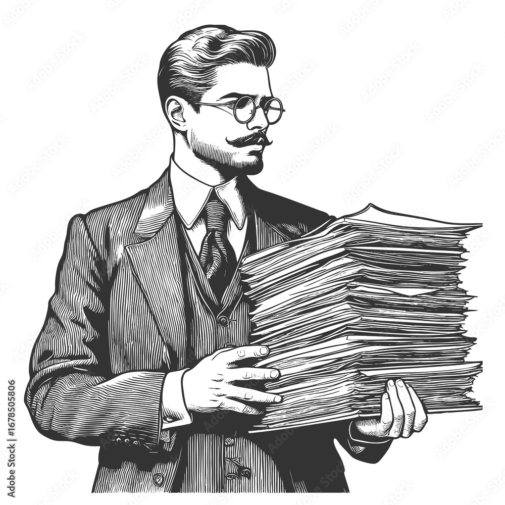 Poster businessman in a suit carrying heavy stack of documents, symbolizing workload and responsibility ske