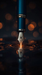 Close-up of a fountain pen nib reflecting in dark water.