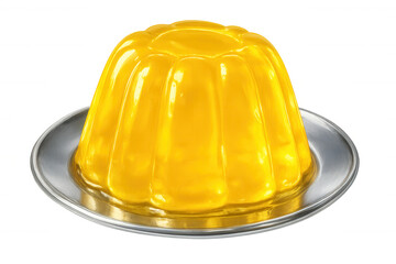 Vibrant yellow gelatin dessert gleaming on silver plate, translucent background highlighting sweet culinary creation