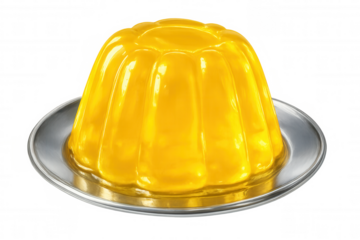 Vibrant yellow gelatin dessert gleaming on silver plate, translucent background highlighting sweet culinary creation