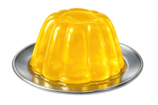 Vibrant yellow gelatin dessert gleaming on silver plate, translucent background highlighting sweet culinary creation