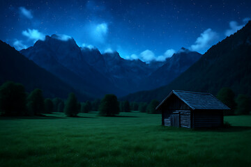 Obraz premium 星空に包まれた山小屋 / Mountain Cabin under a Starry Sky