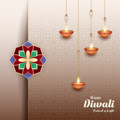 happy diwali festival of light greetings card background with mandala and lanterns