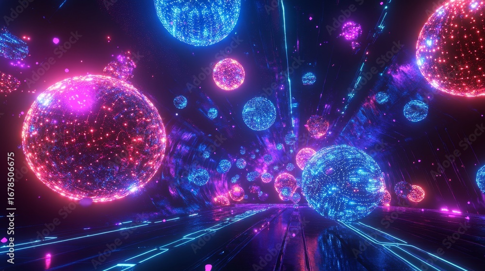 Poster orbiting glowing data spheres surrounding a digital core in a futuristic environment for visual impa