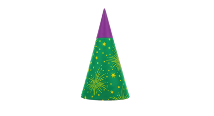 Isolated vector of a colorful conical party hat with green, purple, and yellow firework pattern