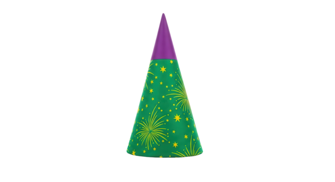 Isolated vector of a colorful conical party hat with green, purple, and yellow firework pattern