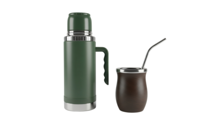 Green thermos bottle and calabash mate gourd cup with straw isolated PNG with Transparent Background